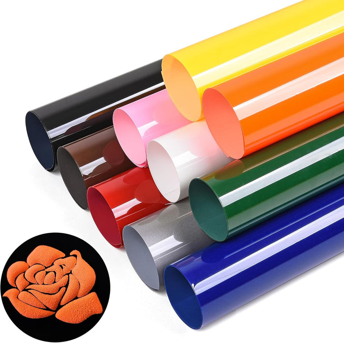 10 Pack, Puff Vinyl Heat Transfer - Assorted Colors Iron on Vinyl, 12"x10", 3D Puffy Heat Transfer Vinyl for T-Shirts