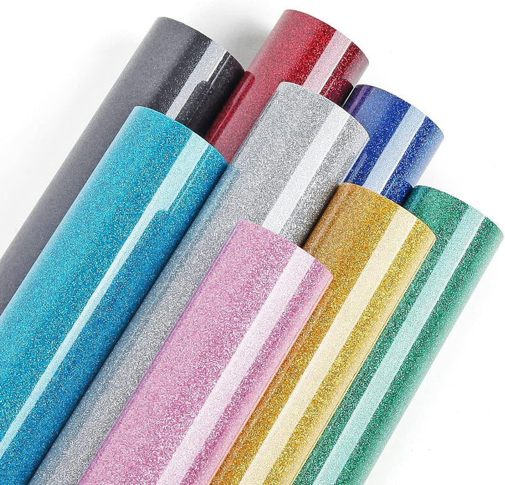 8 Pack, Glitter HTV Heat Transfer Vinyl,12" x 10" Glitter HTV Vinyl Sheets f- Iron on Vinyl for T-Shirts Fabric