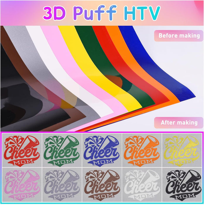 10 Pack, Puff Vinyl Heat Transfer - Assorted Colors Iron on Vinyl, 12"x10", 3D Puffy Heat Transfer Vinyl for T-Shirts