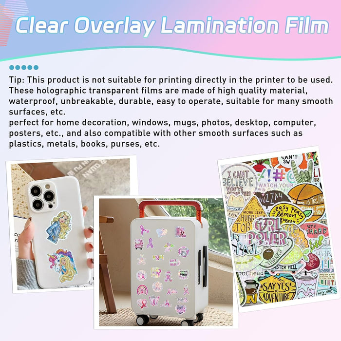 16 Sheets Holographic Sticker Paper, Clear Vinyl Self Adhesive Sheets , 8.25x11.7 Inch Transparent Overlay Sticker film laminates