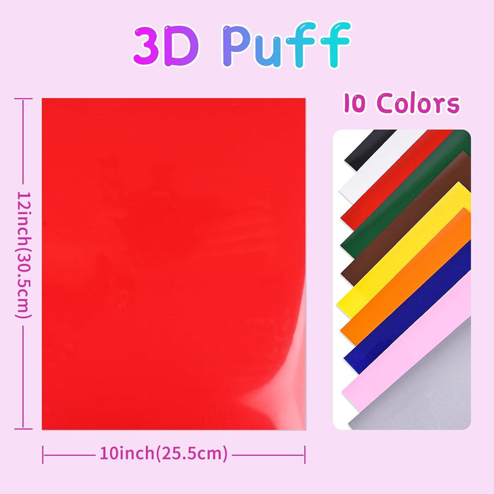 10 Pack, Puff Vinyl Heat Transfer - Assorted Colors Iron on Vinyl, 12"x10", 3D Puffy Heat Transfer Vinyl for T-Shirts