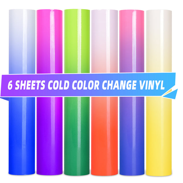6 Pack Cold Permanent Vinyl Bundle,Color Changing Vinyl Permanent Adhesive Sheets, 12" x 12"