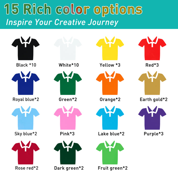 50 Pack of 22 Colors HTV Heat Transfer Vinyl Bundle, 12" x 10"