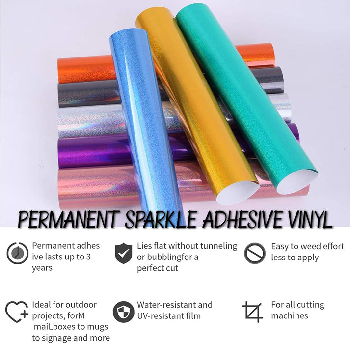 8 Pack Holographic Permanent Vinyl Bundle - Permanent Sparkle Holographic Vinyl Sheets, 12” x 12”
