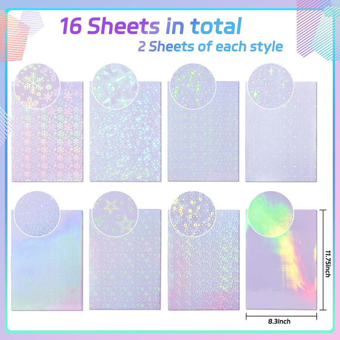 16 Sheets Holographic Sticker Paper, Clear Vinyl Self Adhesive Sheets , 8.25x11.7 Inch Transparent Overlay Sticker film laminates