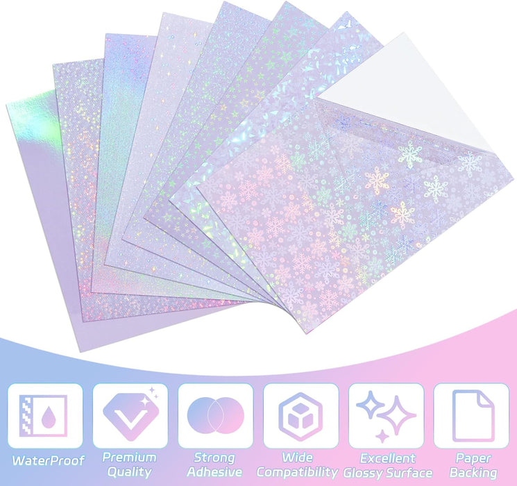 16 Sheets Holographic Sticker Paper, Clear Vinyl Self Adhesive Sheets , 8.25x11.7 Inch Transparent Overlay Sticker film laminates