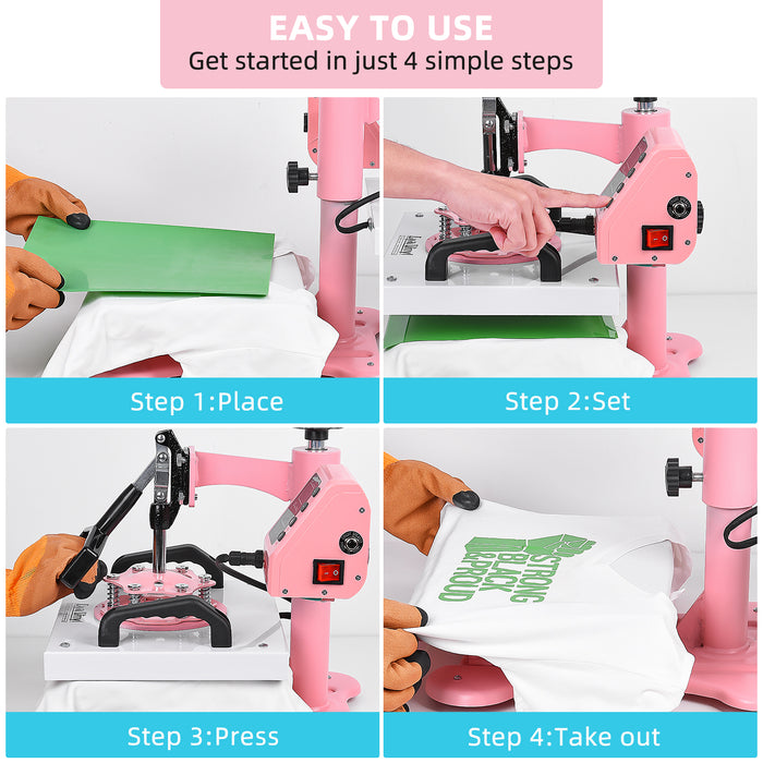 12" x 10" Heat Press Machine, Lya Vinyl High Pressure Heat Press Machine for T-Shirt, Digital Industrial Sublimation Printer for Heat Transfer Vinyl (Pink)
