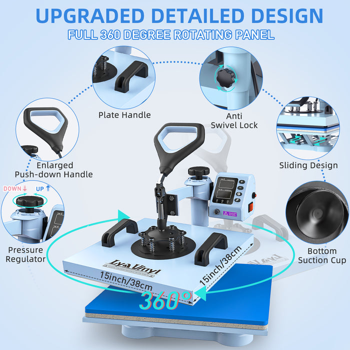 15“x15" Heat Press Machine - Lya Vinyl 7 in 1 Heat Press 360-Degree Swing Away Digital Press Machine Multifunction Sublimation Combo Heat Transfer Machine for T-Shirts, Hats, Caps, Mugs and Plates