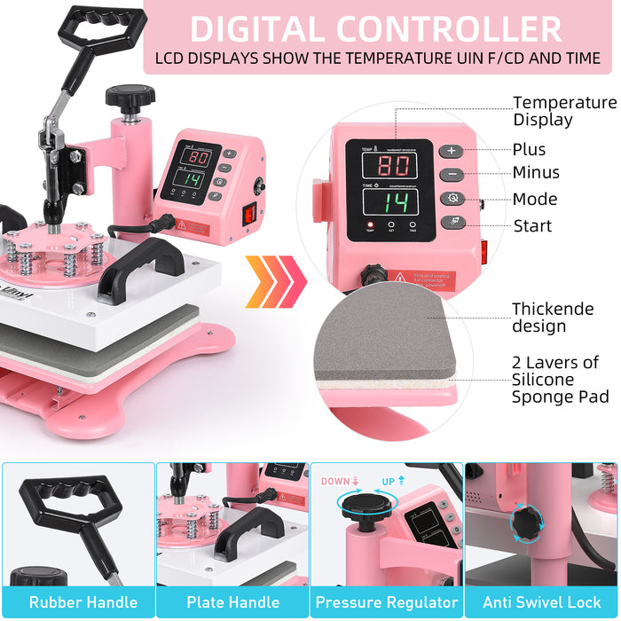 12" x 10" Heat Press Machine, Lya Vinyl High Pressure Heat Press Machine for T-Shirt, Digital Industrial Sublimation Printer for Heat Transfer Vinyl (Pink)