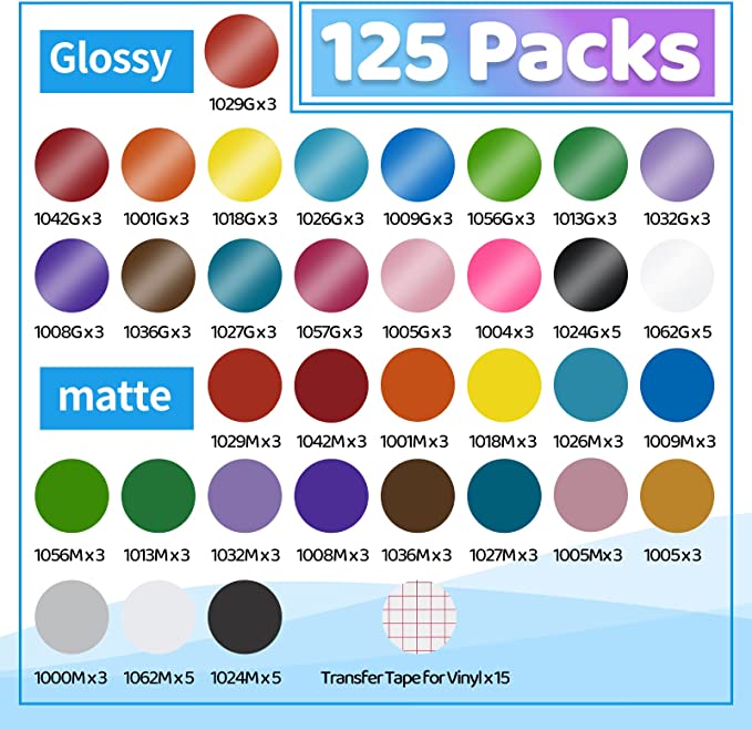125pcs Permanent Vinyl Bundle, Matte & Glossy with transfer tape, 12" x 12"